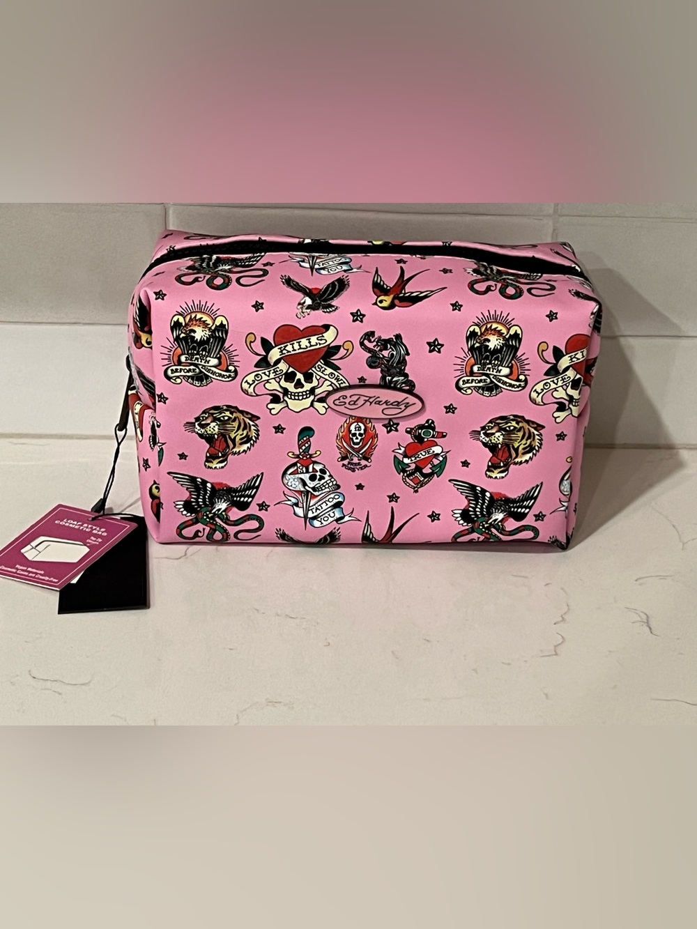 ED HARDY Pink SKULL Loaf Cosmetic Bag Travel Bathroom Makeup NWT Y2K Tattoo NWT